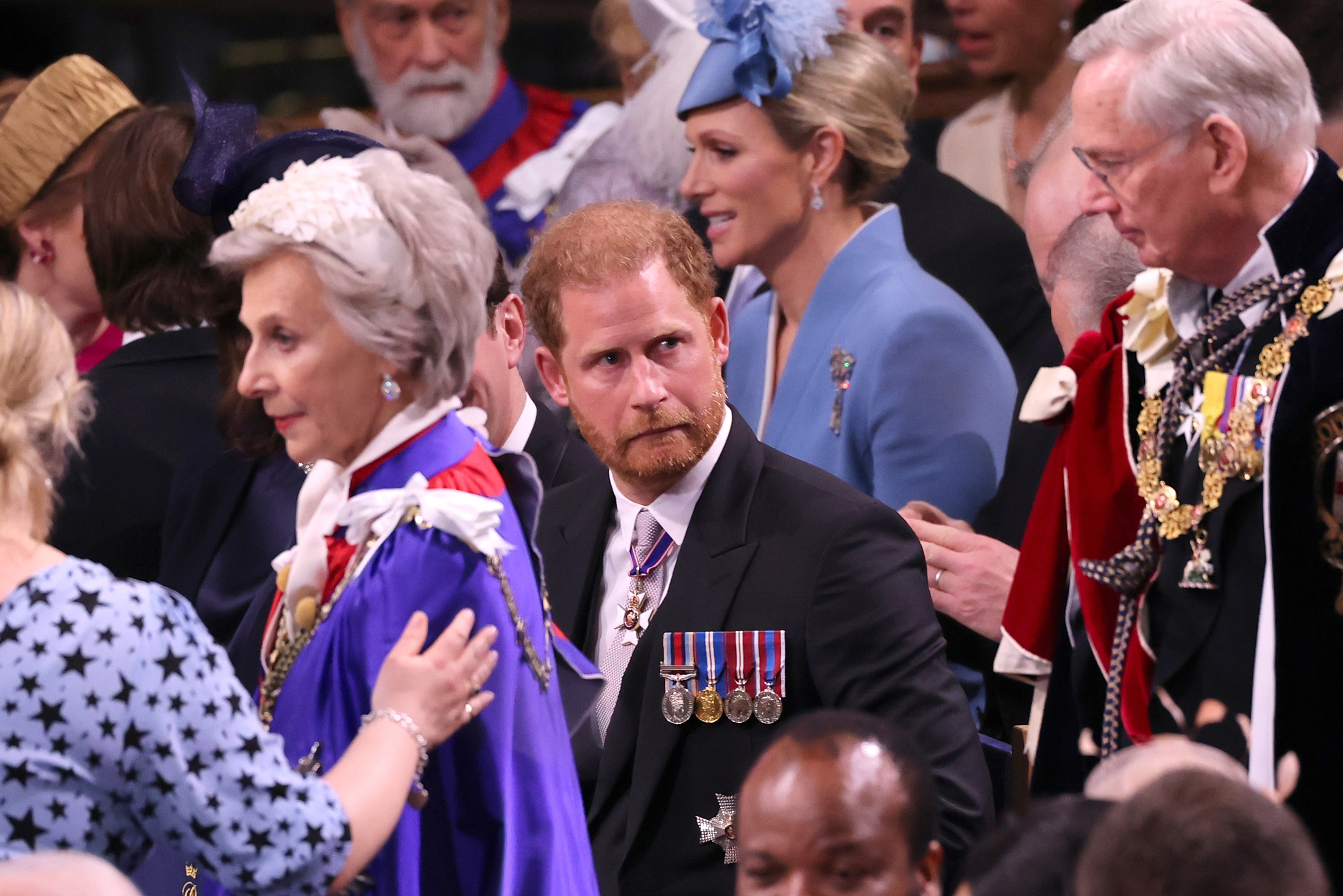 Le prince Harry lors du couronnement du roi Charles III et de la reine Camilla à l'abbaye de Westminster le 6 mai 2023 à Londres, en Angleterre. | Source : Getty Images