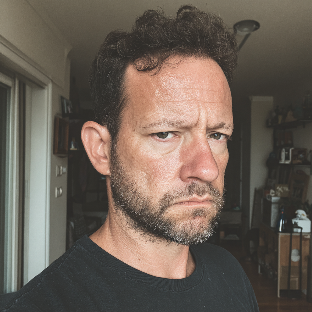 Un homme qui fronce les sourcils et qui porte un t-shirt noir | Source : Midjourney