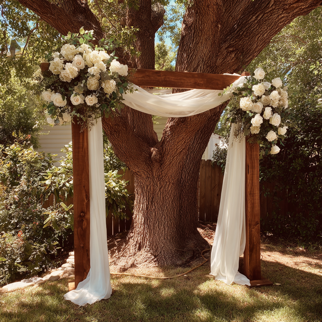 Une arche de mariage simple dans une arrière-cour | Source : Midjourney