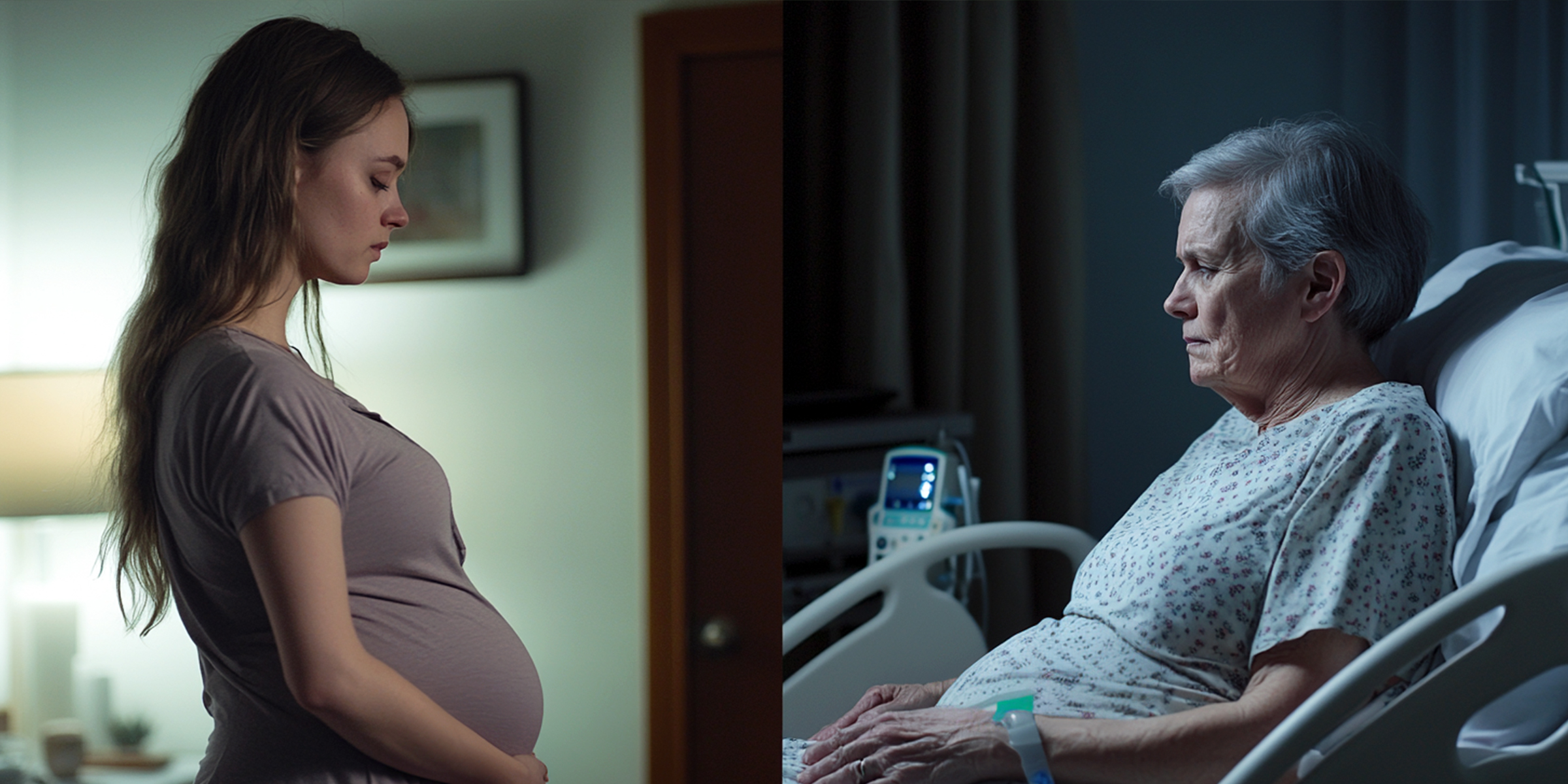 Femme enceinte contre femme âgée assise dans un lit d'hôpital | Source : Midjourney