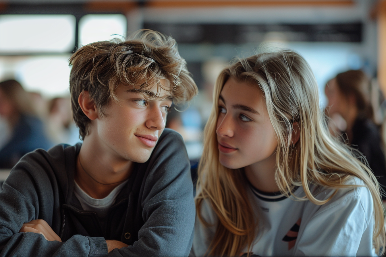 Deux élèves se regardent l'un l'autre | Source : Midjourney