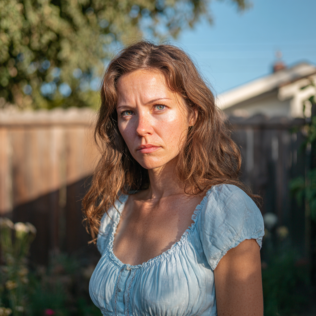 Une femme pensive à l'extérieur de la maison I Source : Midjourney
