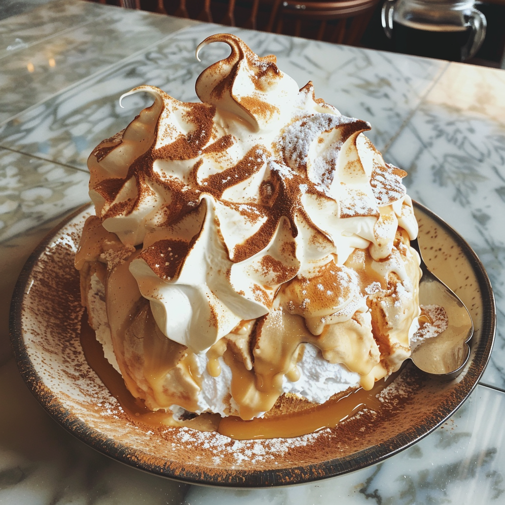 Un Alaska cuit au four dans une assiette | Source : Midjourney