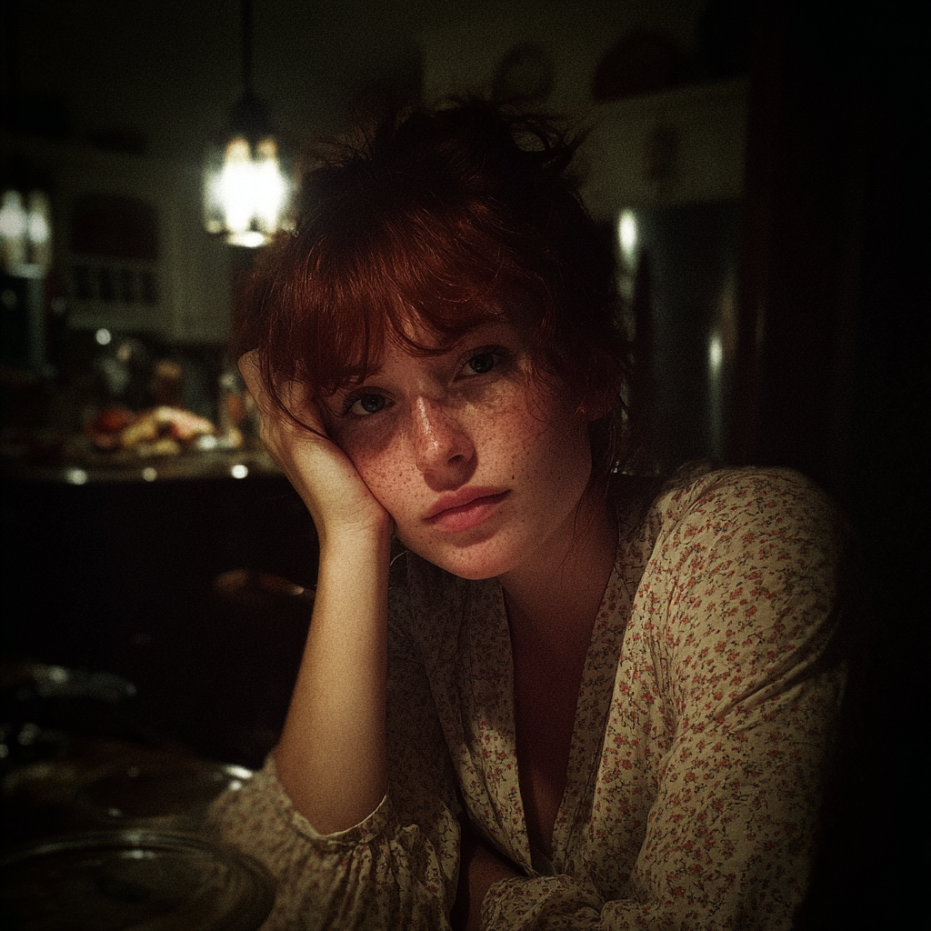 Une femme fatiguée assise à une table de cuisine le soir | Source : Midjourney