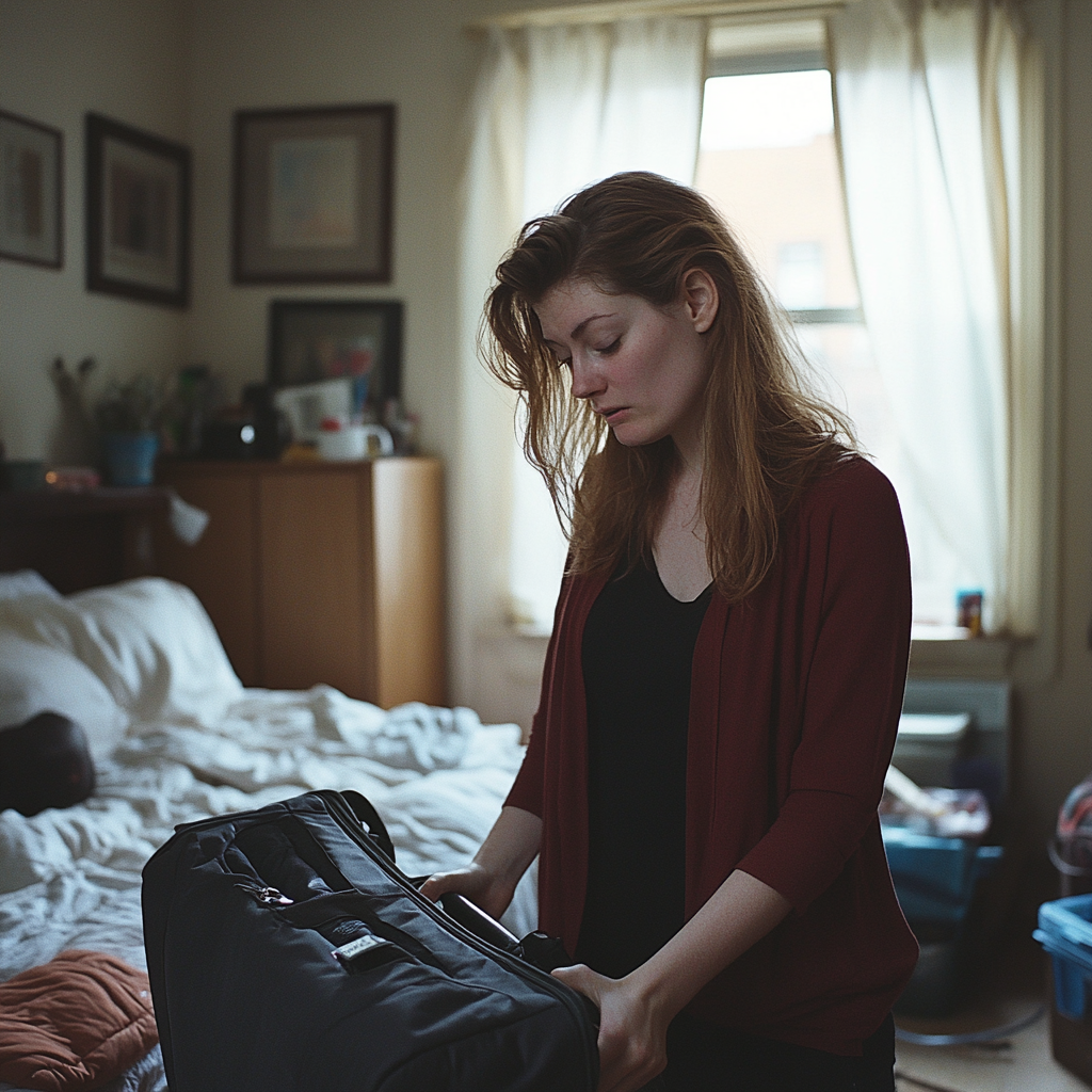 Une femme bouleversée en train de faire ses valises | Source : Midjourney