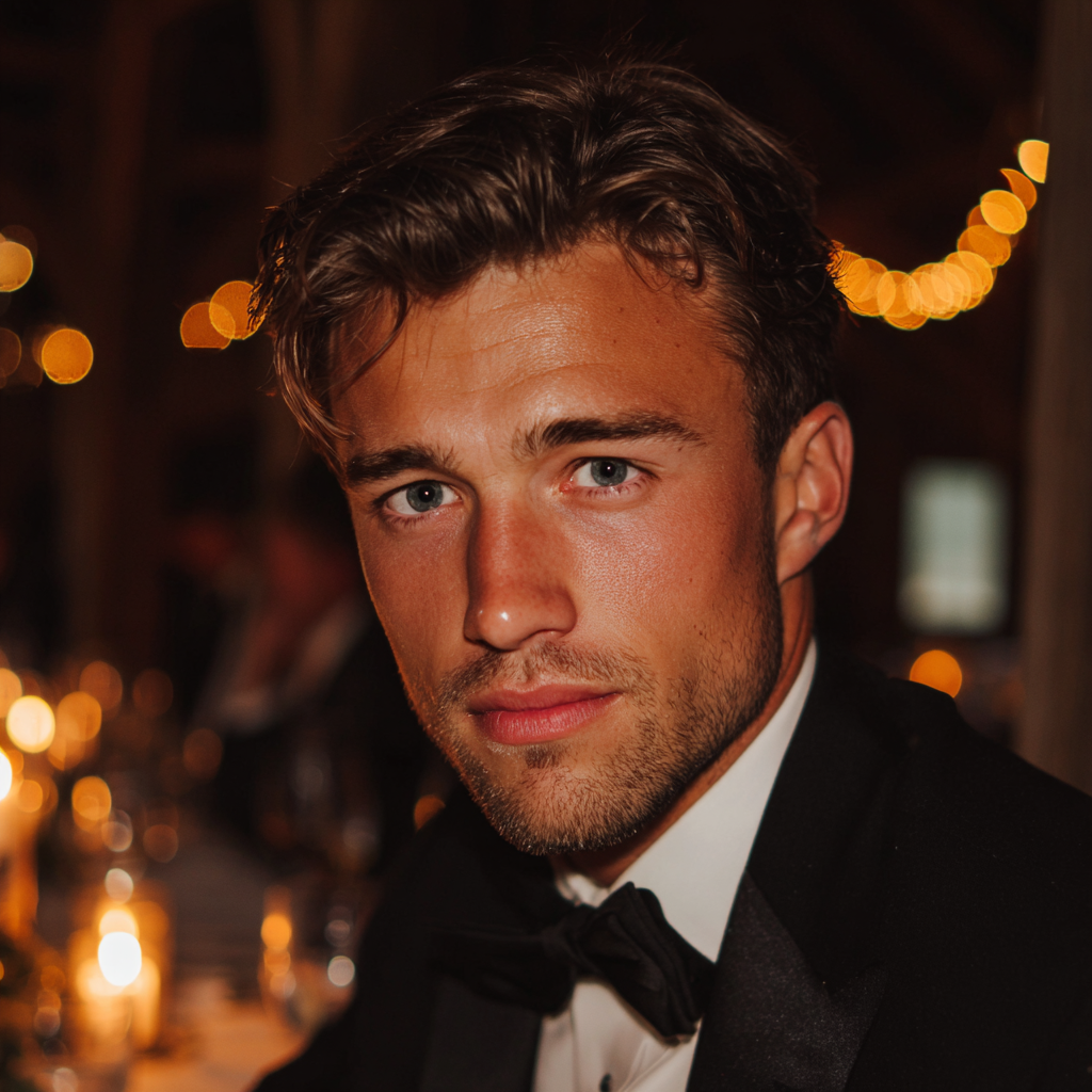 Gros plan sur un marié portant un smoking noir | Source : Midjourney
