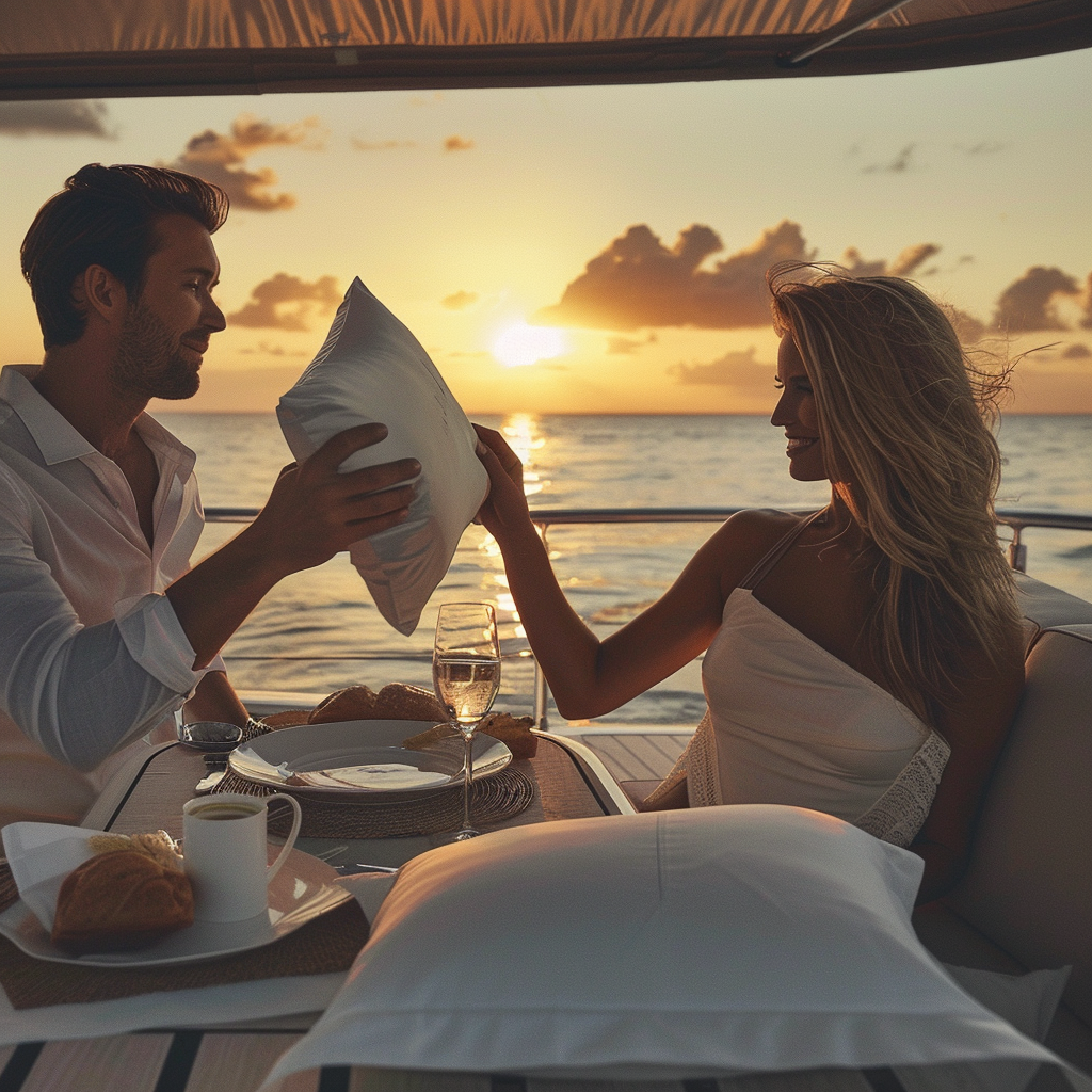Une femme donne un oreiller à un homme | Source : Midjourney
