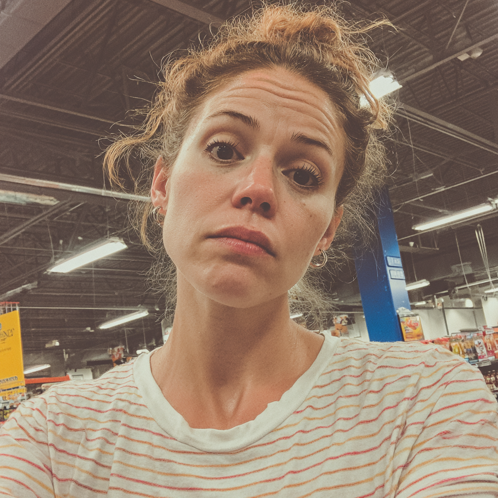 Une femme émotive debout dans une épicerie | Source : Midjourney