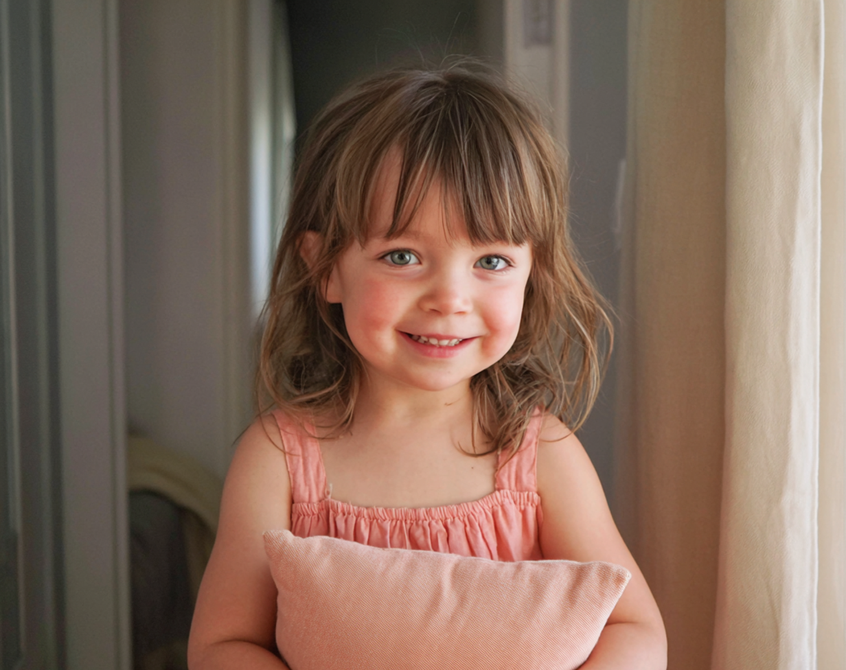 Une petite fille souriante portant un coussin | Source : Midjourney