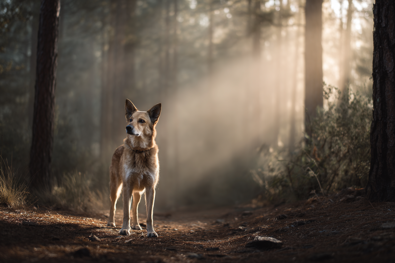 Un chien debout dans une forêt | Source : Midjourney