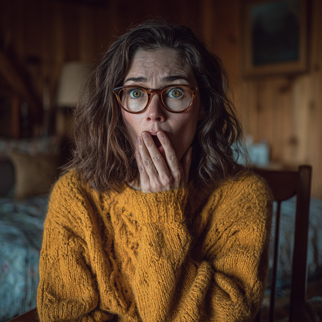 Une femme choquée portant un pull-over moutarde | Source : Midjourney
