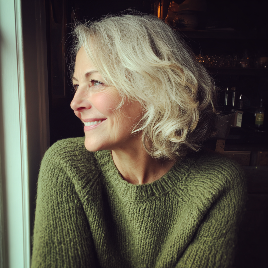 Une femme âgée souriante qui regarde par la fenêtre | Source : Midjourney