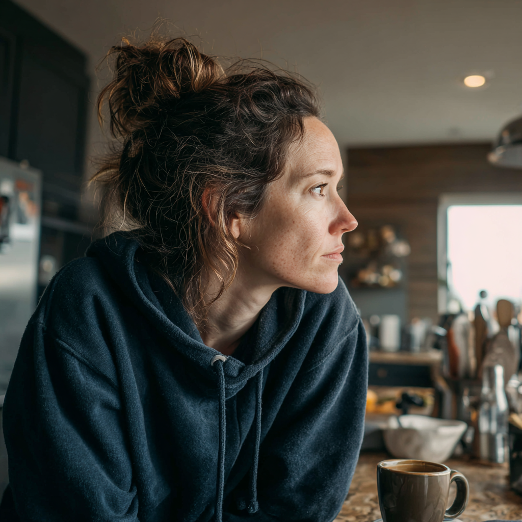 Une femme bouleversée assise au comptoir d'une cuisine | Source : Midjourney