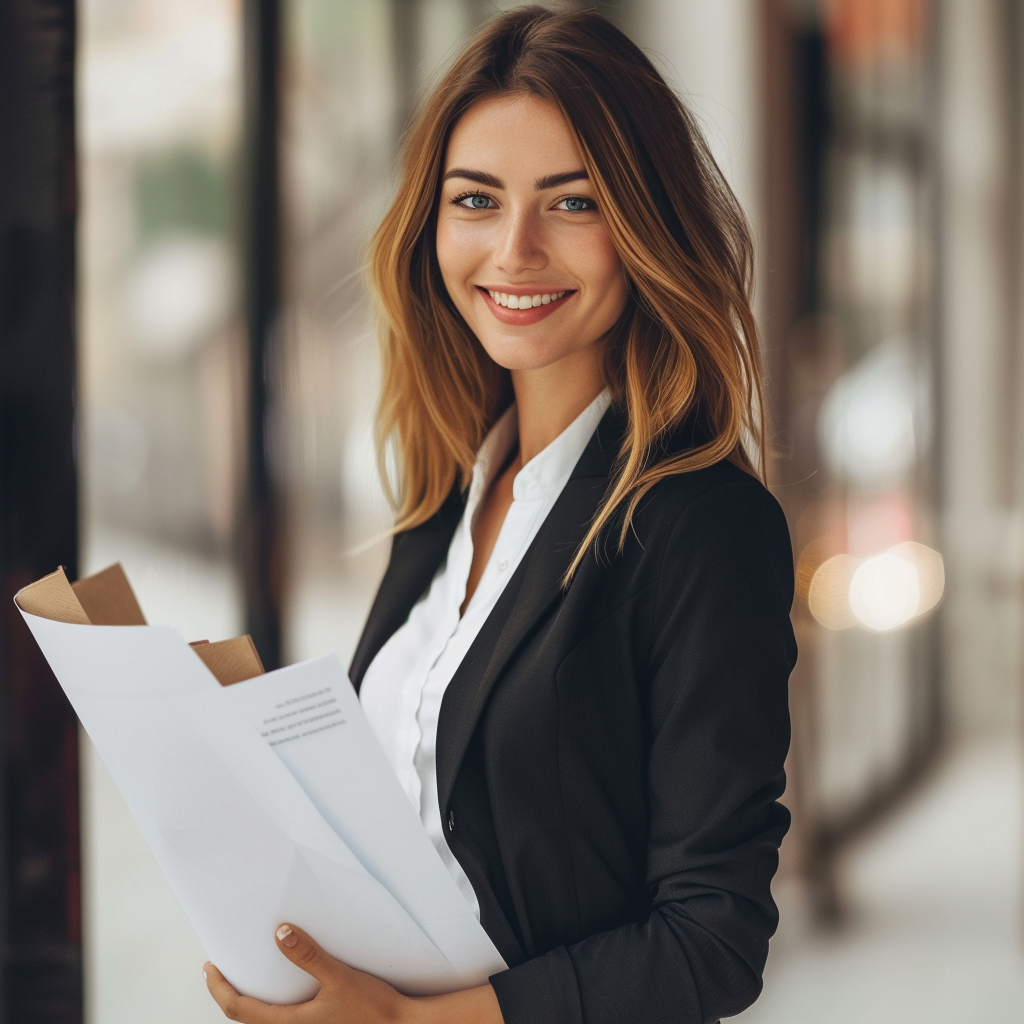 Une femme en costume d'affaires tenant de la paperasse | Source : Midjourney