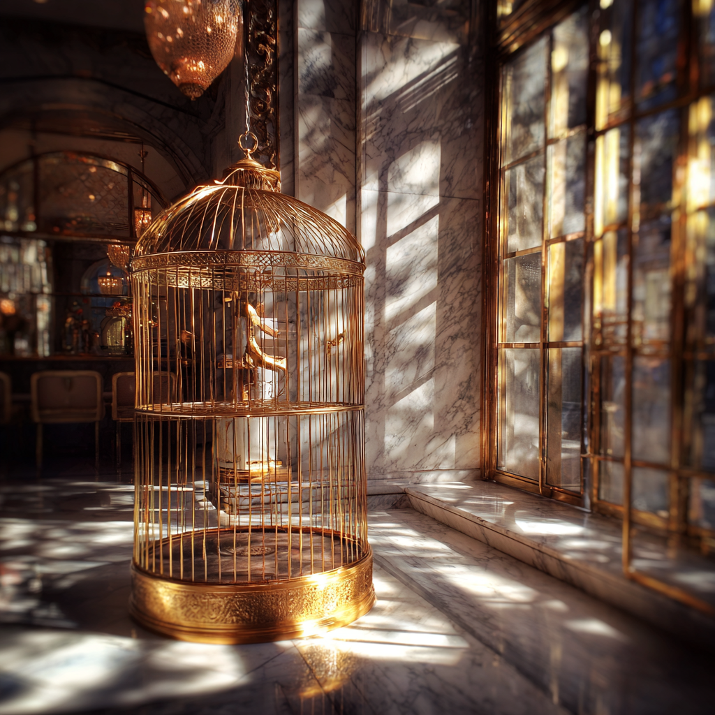 Une cage à oiseaux dorée | Source : Midjourney