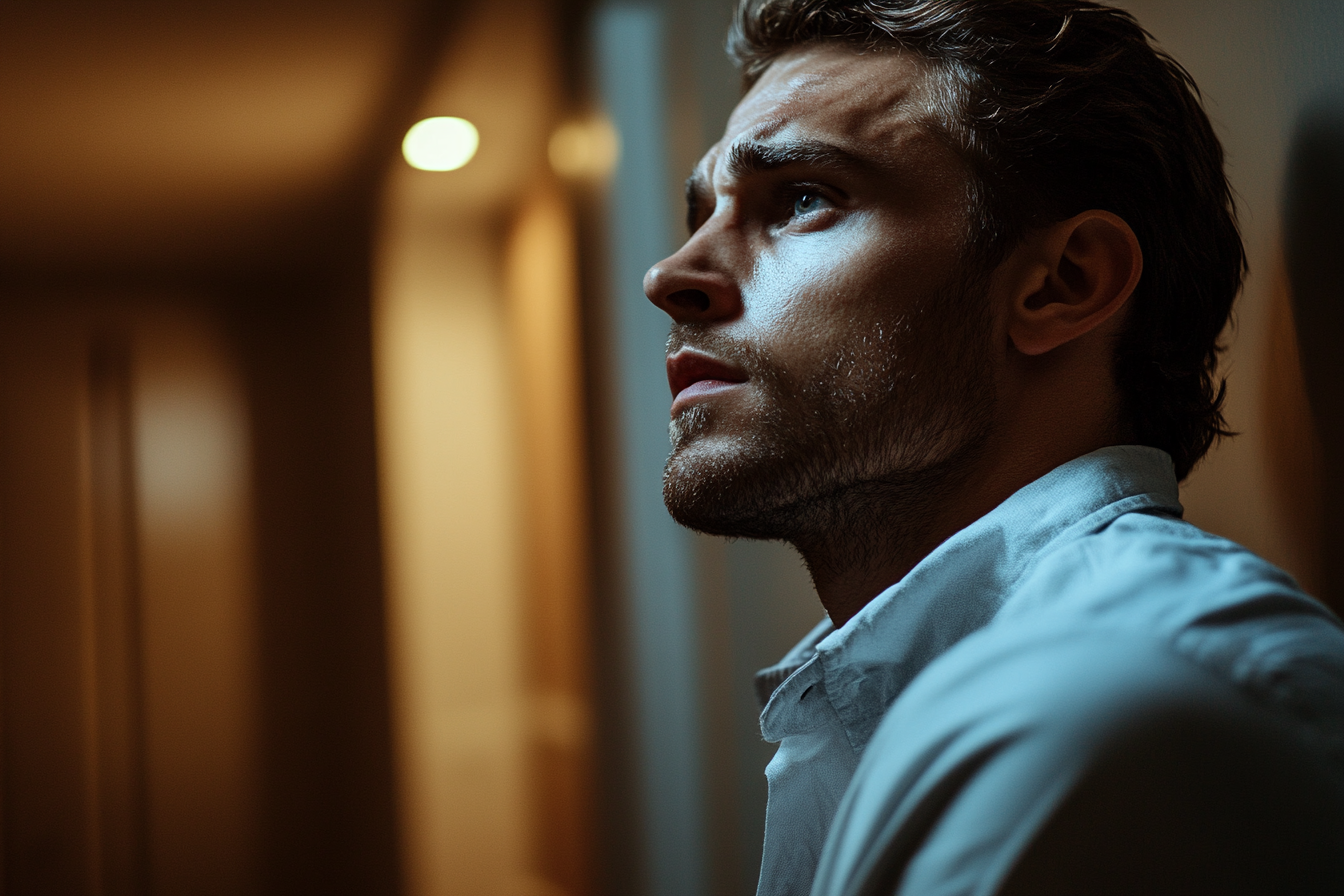 Un homme inquiet se tenant dans son couloir à la maison | Source : Midjourney