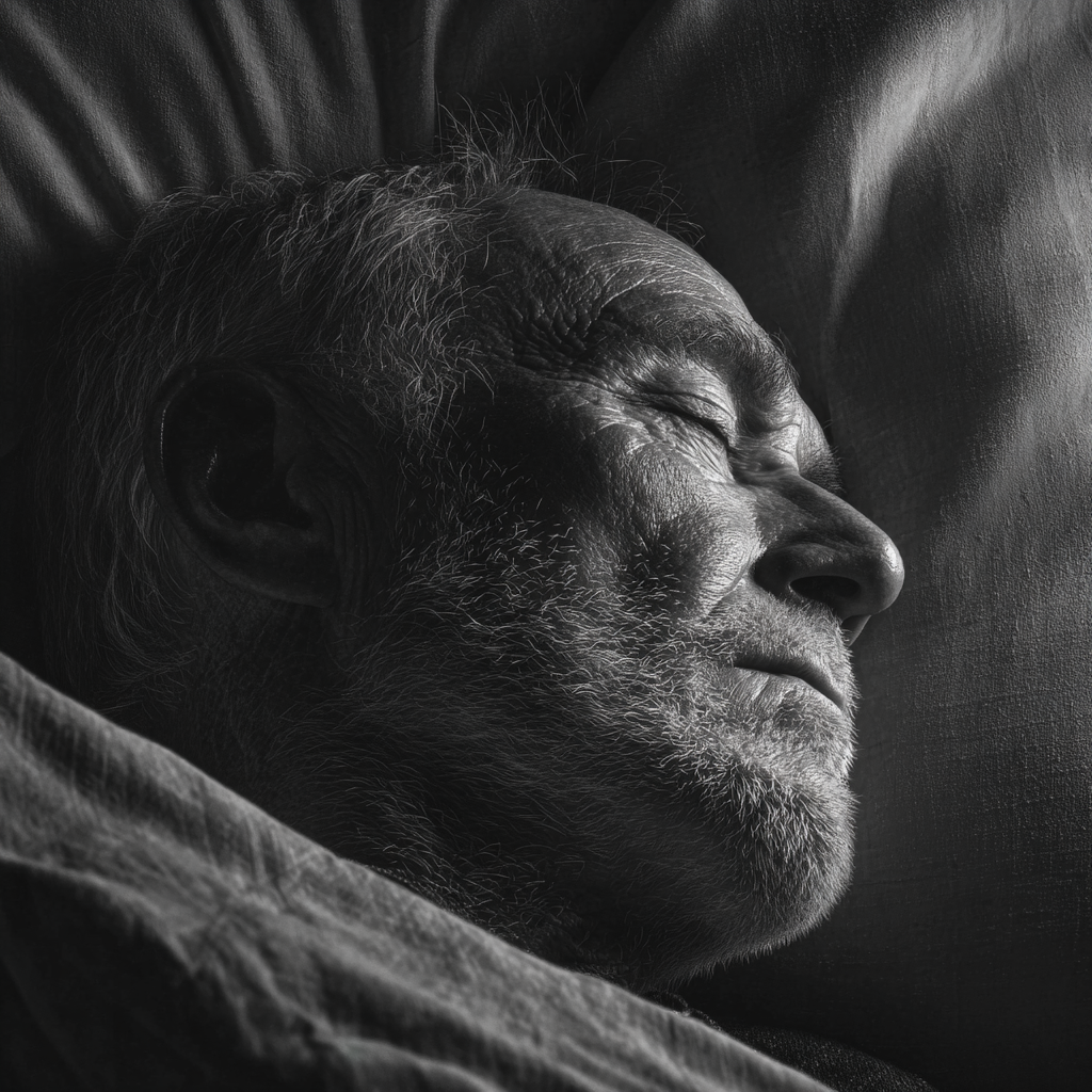 Photo en niveaux de gris d'un homme âgé qui dort | Source : Midjourney