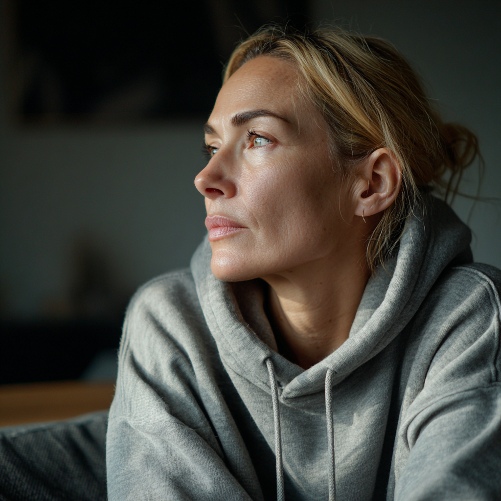 Une femme émotive assise sur un canapé | Source : Midjourney