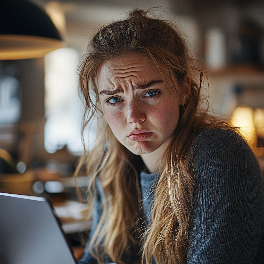 Une femme a l'air triste et frustrée alors qu'elle utilise son ordinateur portable | Source : Midjourney