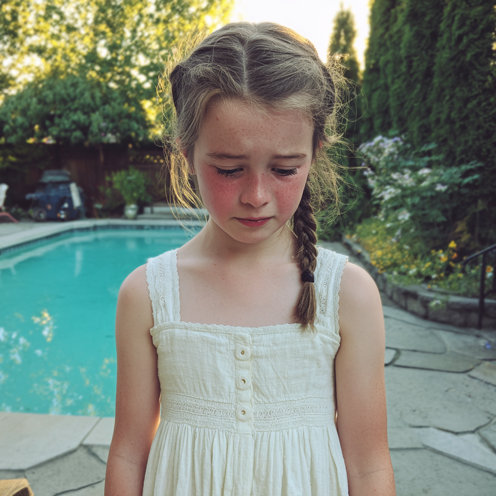 Une petite fille bouleversée debout près d'une piscine | Source : Midjourney
