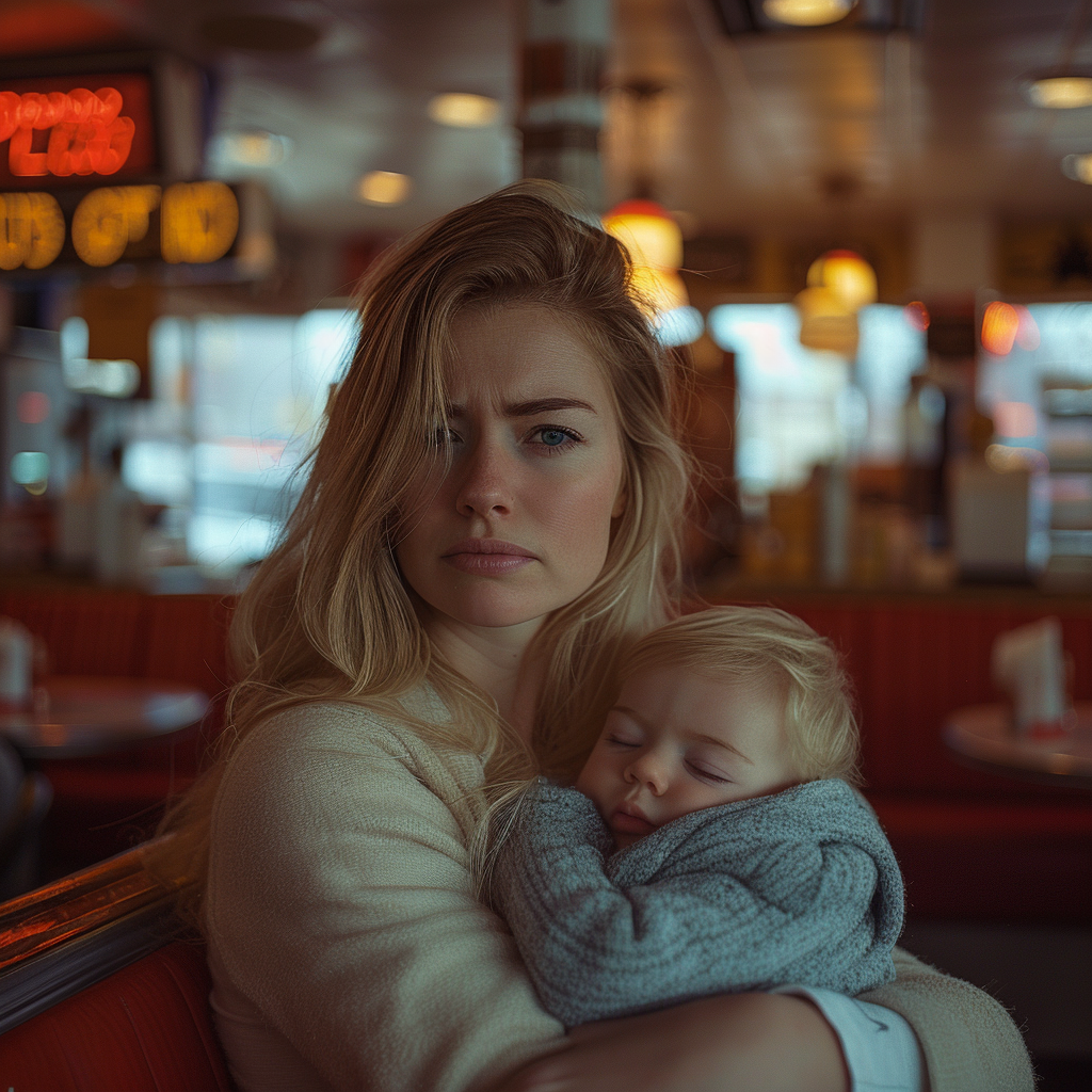 Une femme a l'air effrayée et nerveuse, assise dans un restaurant avec son petit garçon | Source : Midjourney