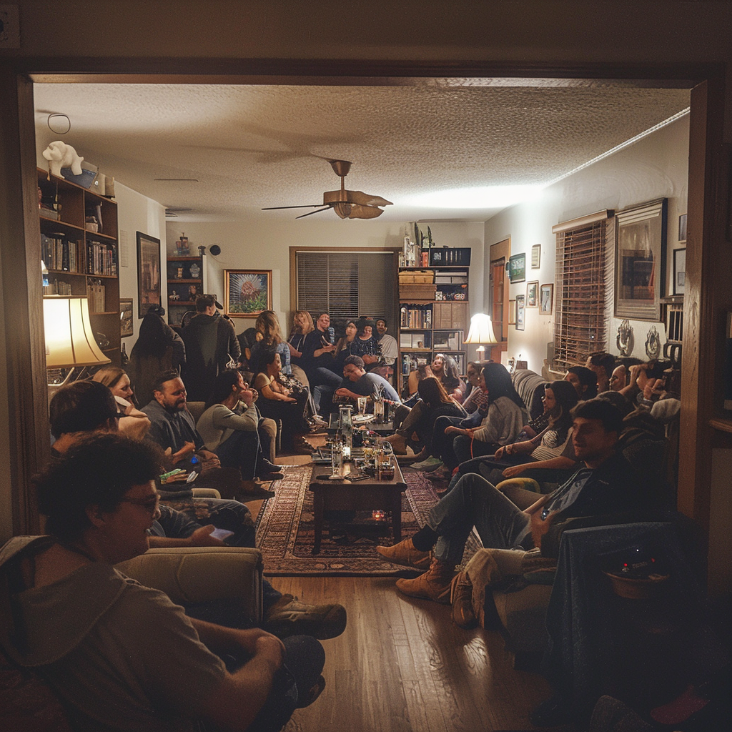Une foule de personnes dans un salon | Source : Midjourney