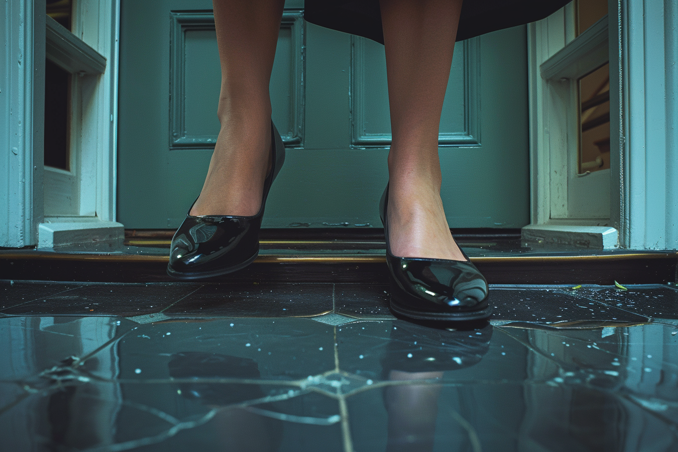 Gros plan sur les chaussures d'une femme qui s'éloigne d'une porte | Source : Midjourney