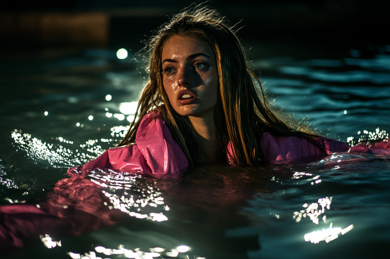 Une femme inquiète dans un lac la nuit | Source : Midjourney