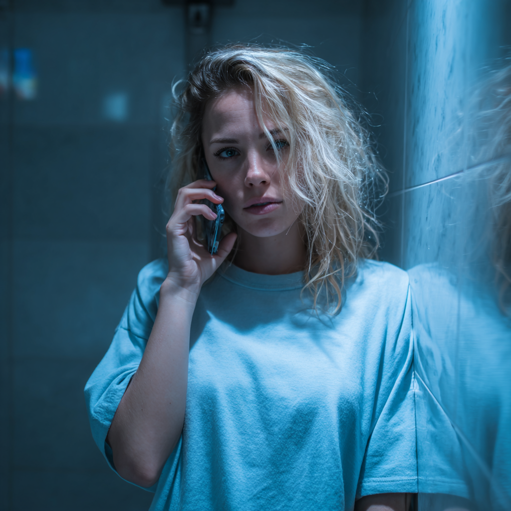 Une femme debout dans une salle de bain et parlant au téléphone | Source : Midjourney