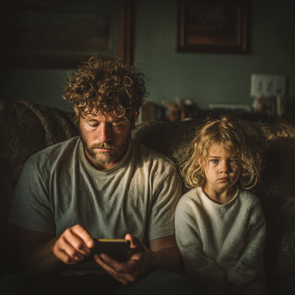 Un père assis avec sa fille triste | Source : Midjourney