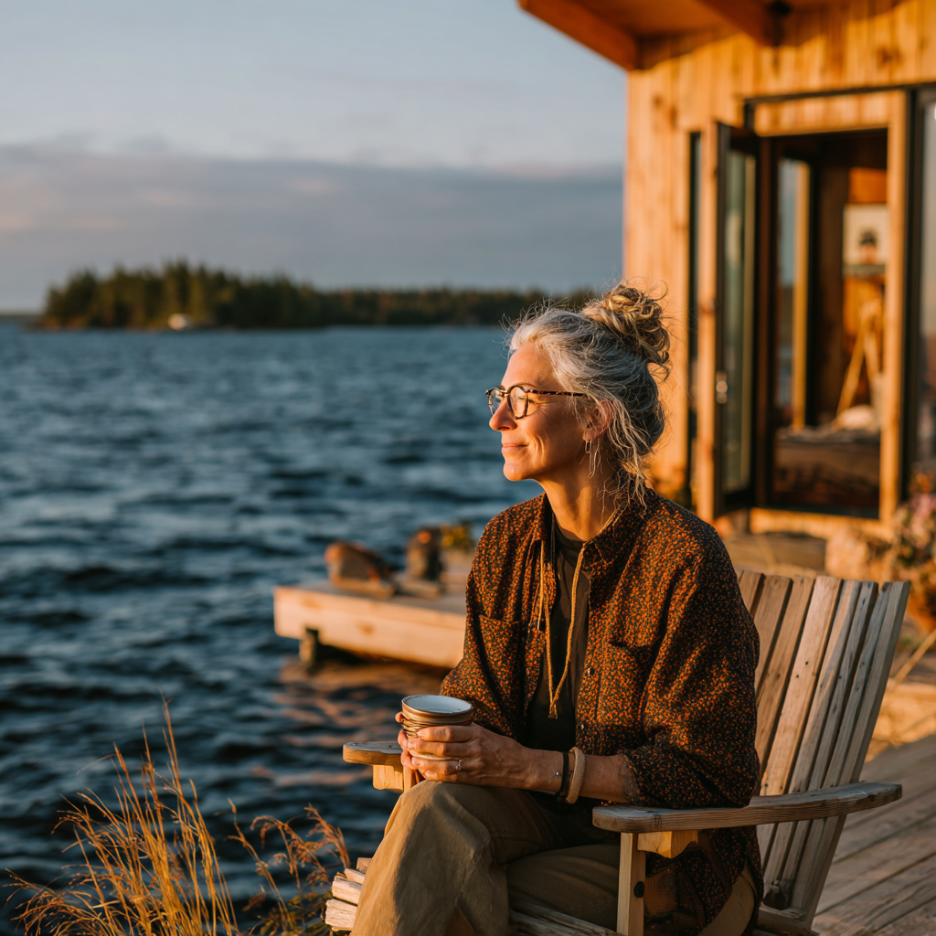 Une femme heureuse à l'extérieur d'une cabane au bord du lac | Source : Midjourney