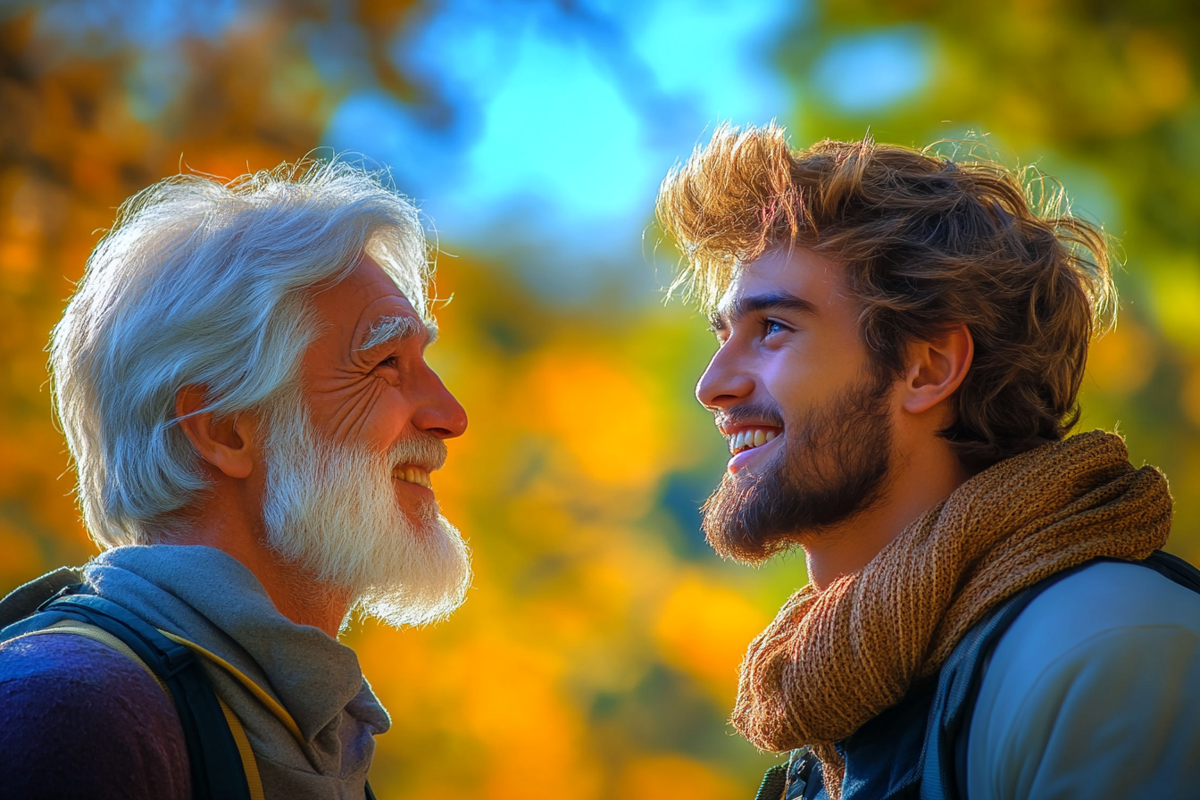 Un homme âgé souriant à son fils adulte | Source : Midjourney
