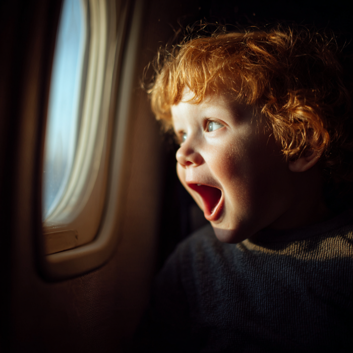 Un jeune garçon excité qui regarde par le hublot de l'avion | Source : Midjourney