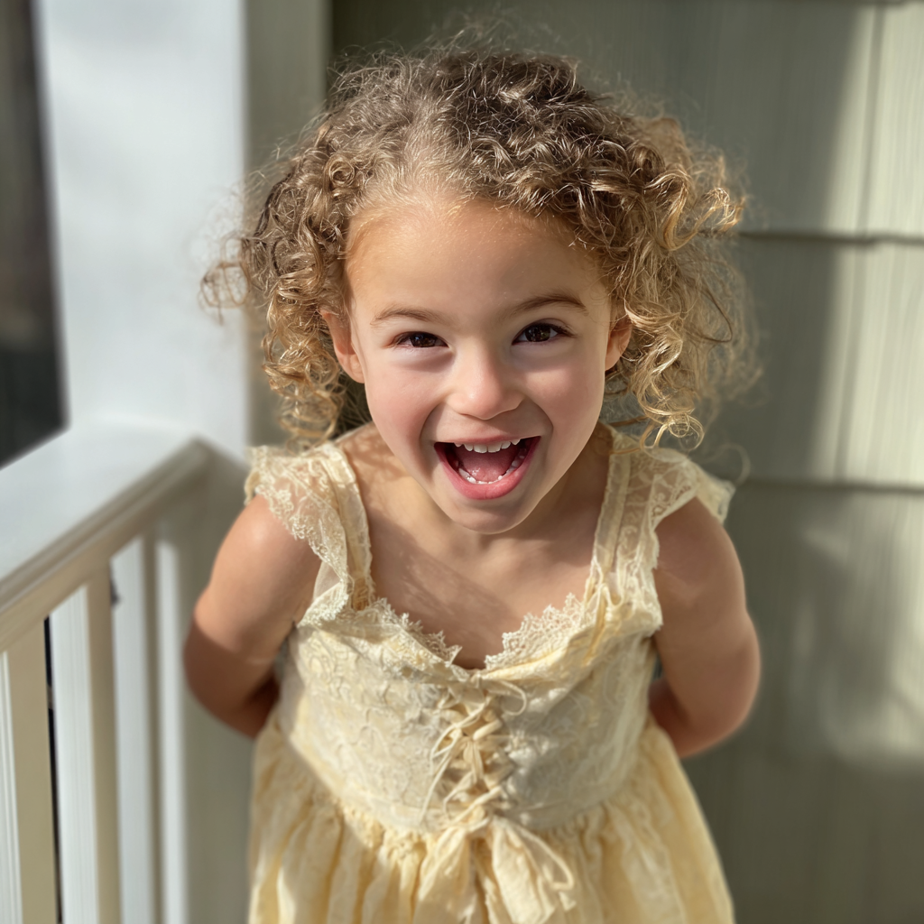 Une petite fille souriante debout sous un porche | Source : Midjourney