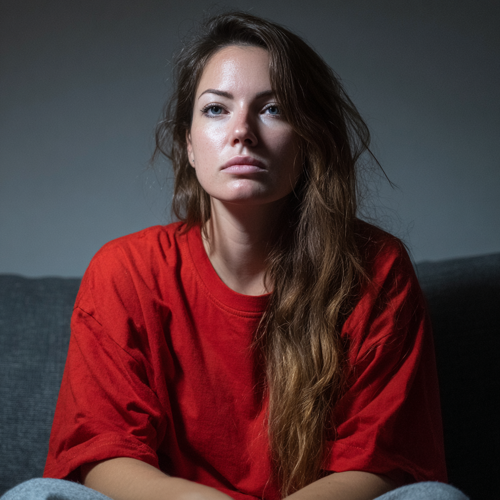 Une femme pensive assise sur un canapé | Source : Midjourney