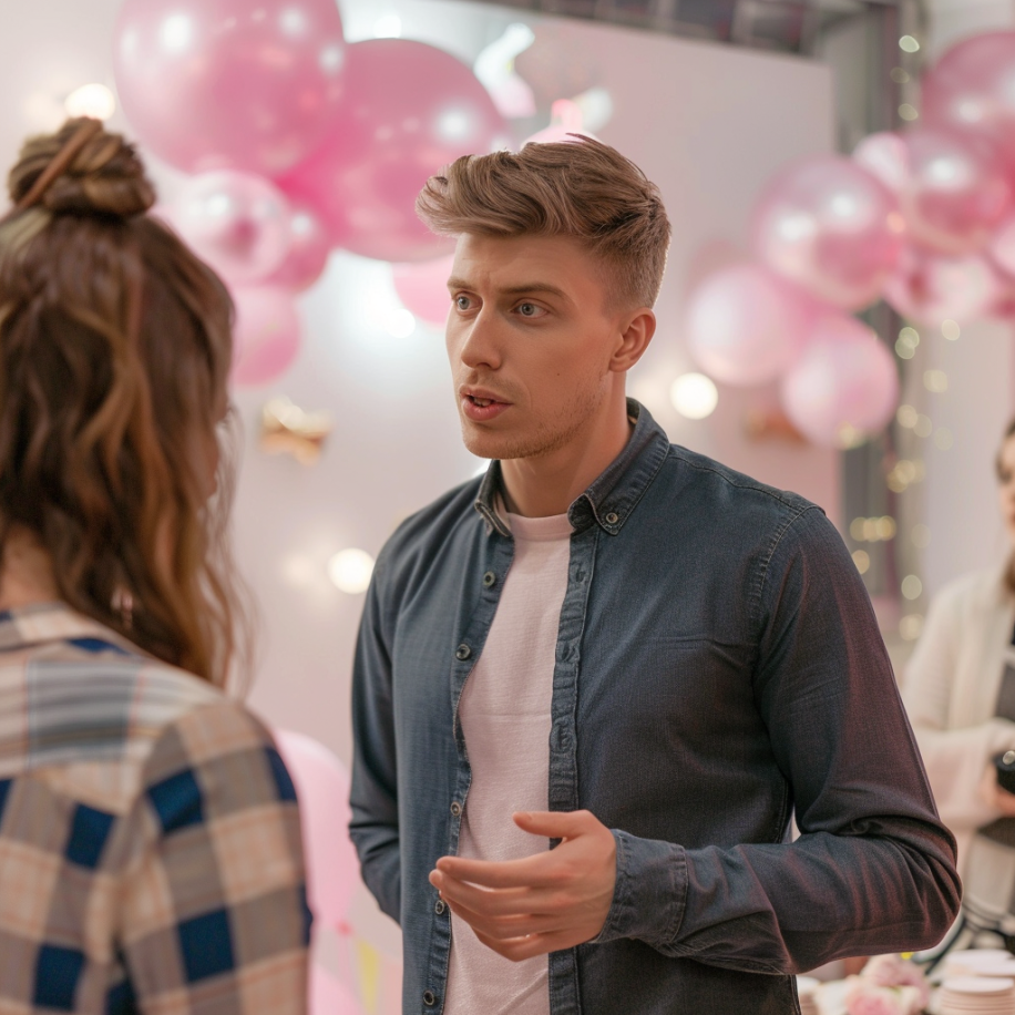 Plan de côté d'un homme parlant à son ex-femme lors d'une fête prénatale | Source : Midjourney