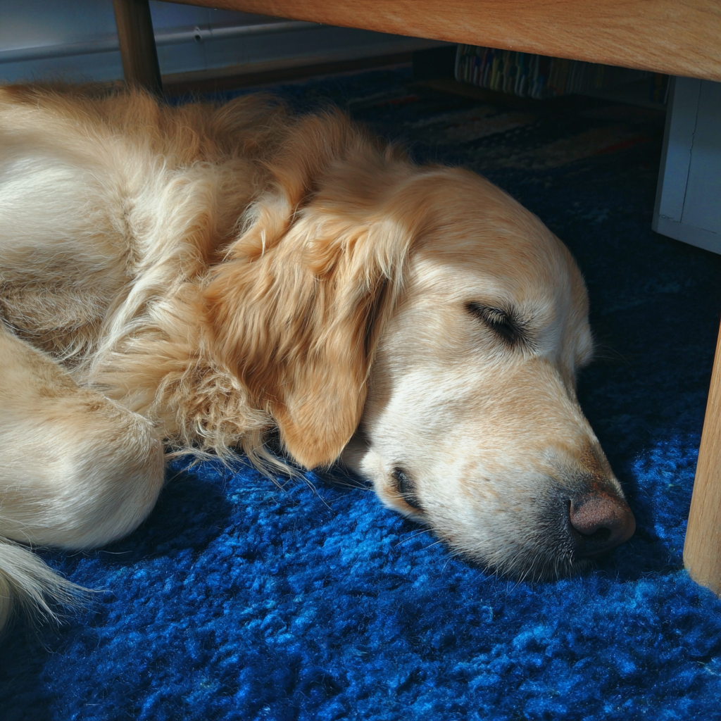 Gros plan sur un chien qui dort sur un tapis | Source : Midjourney