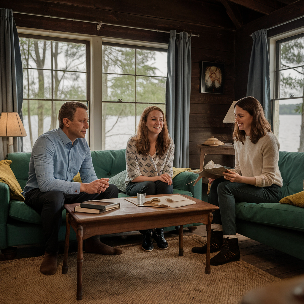 Un trio de frères et sœurs se remémorant joyeusement les souvenirs dans une cabane au bord d’un lac | Source : Midjourney