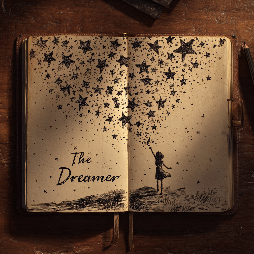 Dessin d'une petite fille tendant la main vers les étoiles dans un journal | Source : Midjourney
