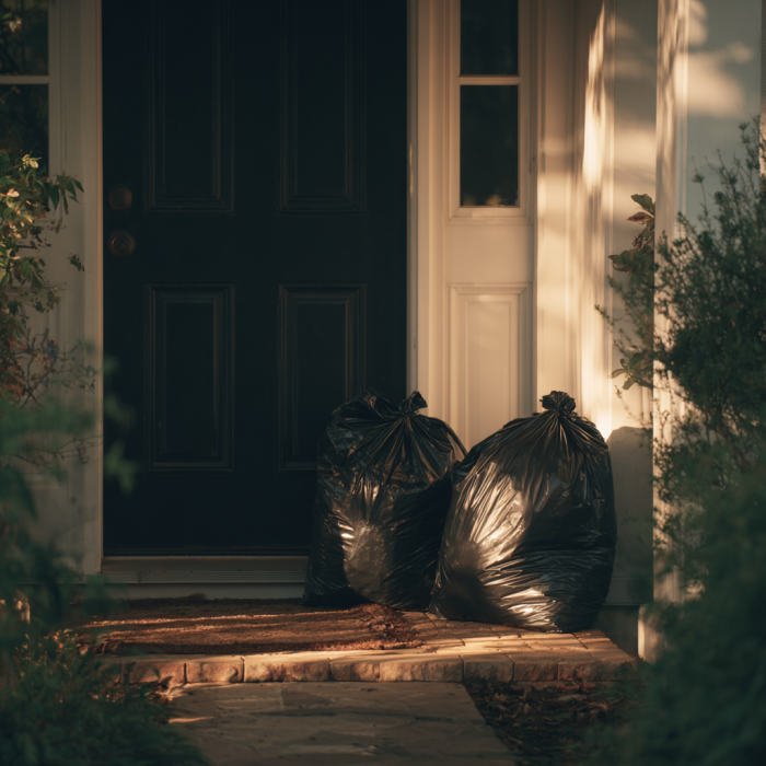 Sacs poubelles posés sur la porte d'entrée | Source : Midjourney