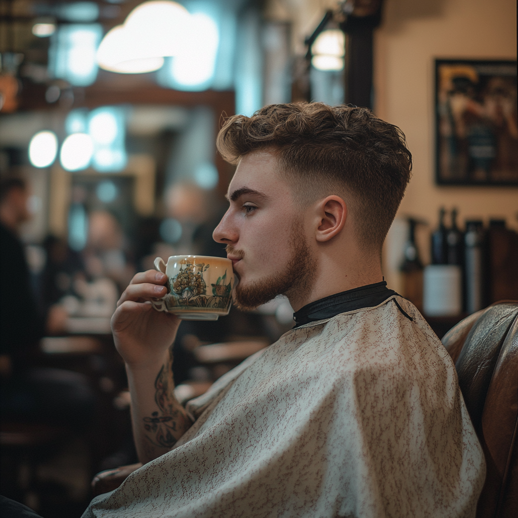 Un homme qui boit du thé dans un fauteuil de barbier | Source : Midjourney
