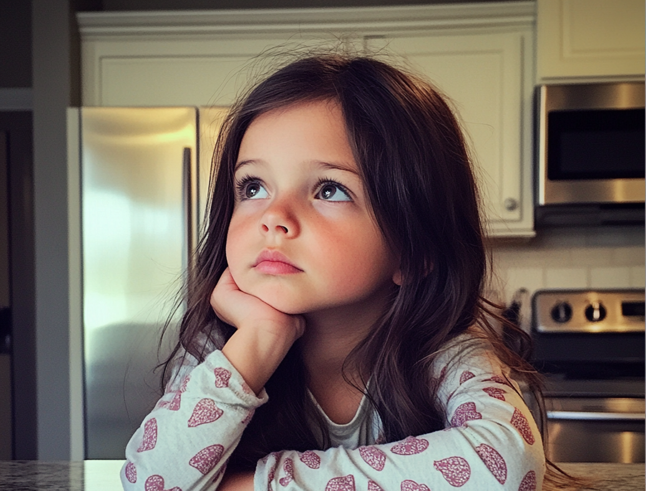Une petite fille assise au comptoir d'une cuisine | Source : Midjourney