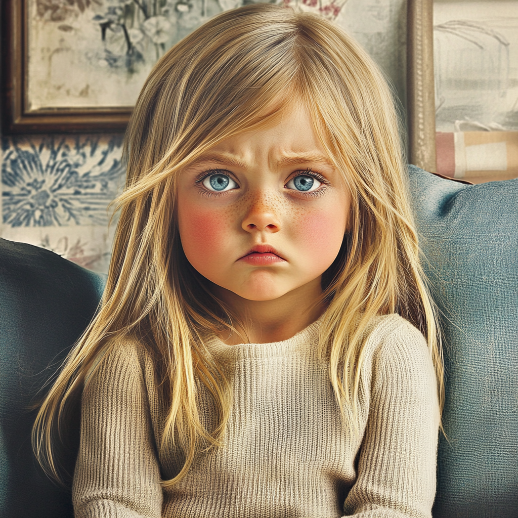 Une petite fille triste assise sur le canapé | Source : Midjourney
