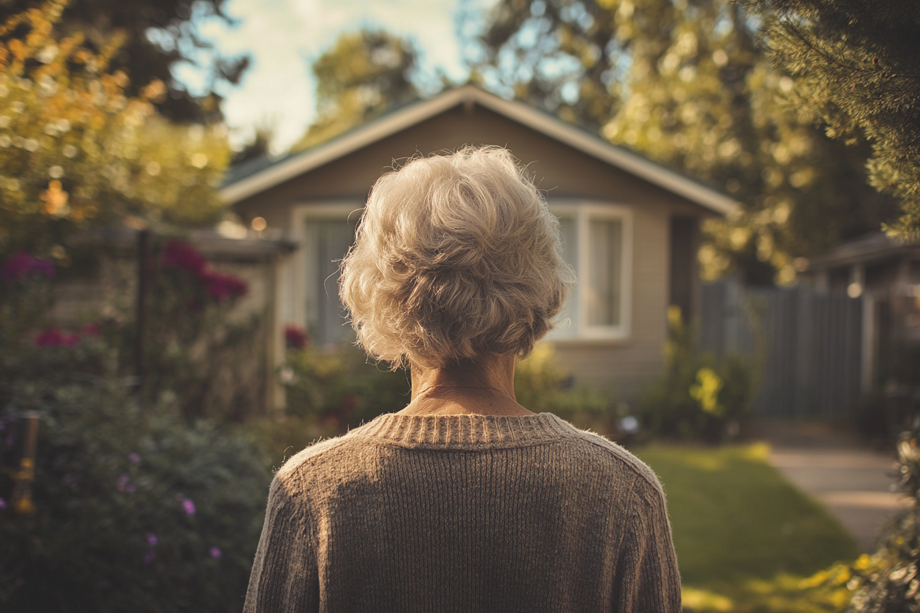 Une femme âgée se tenant à l'extérieur d'une maison | Source : Midjourney