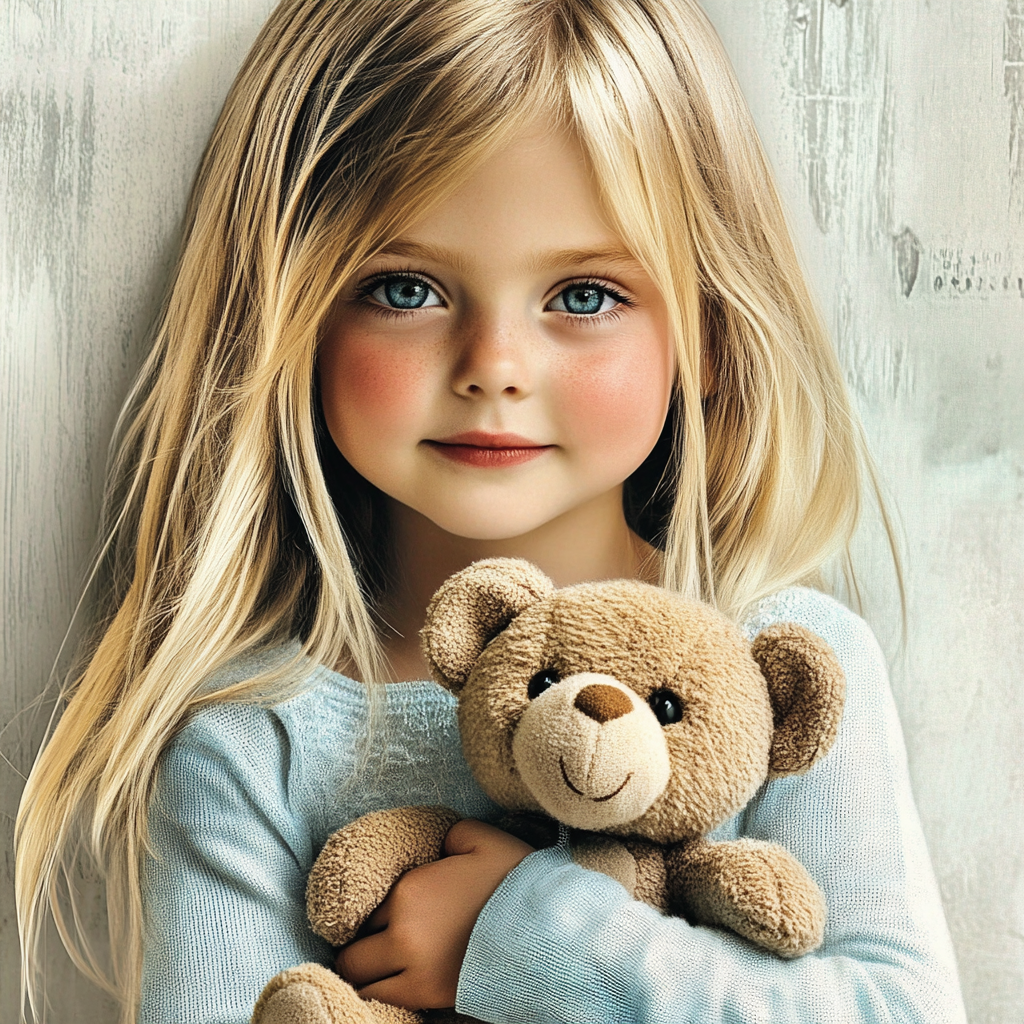 Une petite fille souriante tenant un ours en peluche | Source : Midjourney