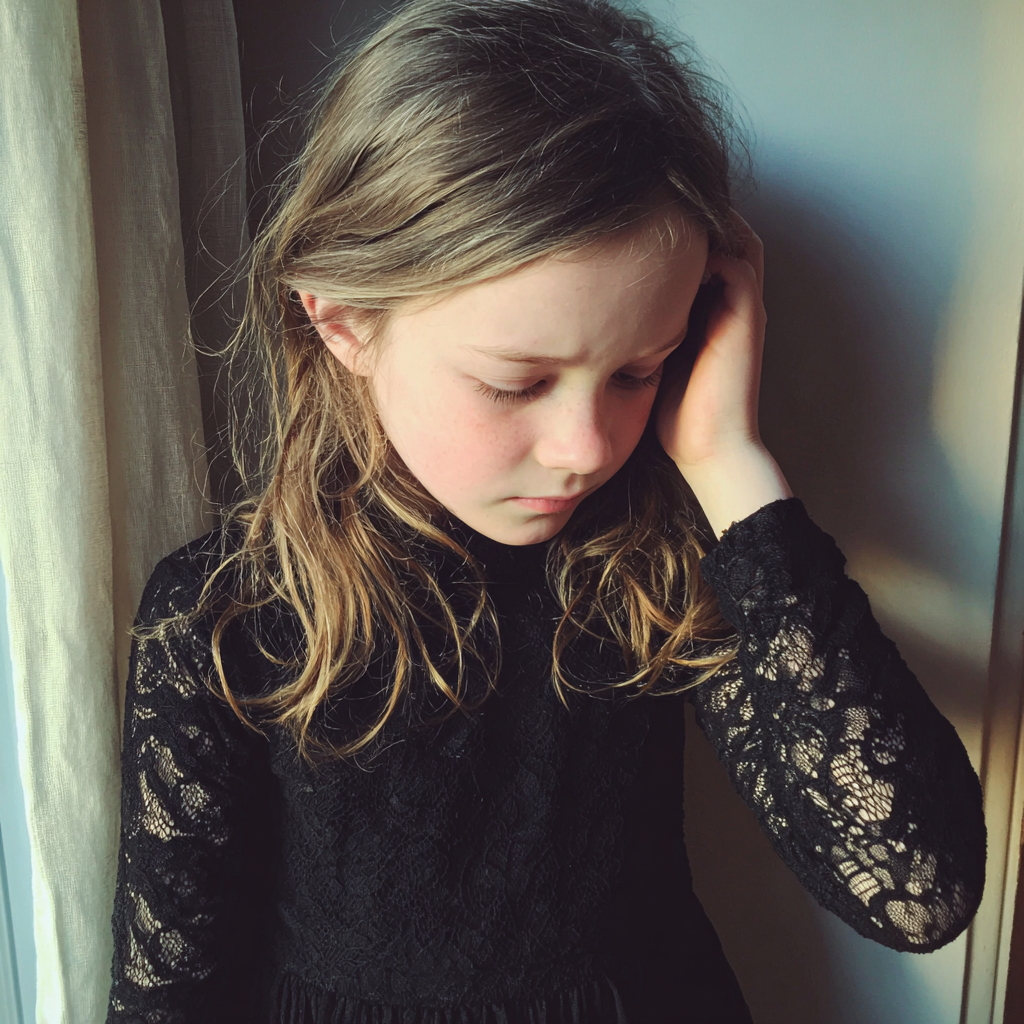 Une petite fille émue portant une robe noire | Source : Midjourney