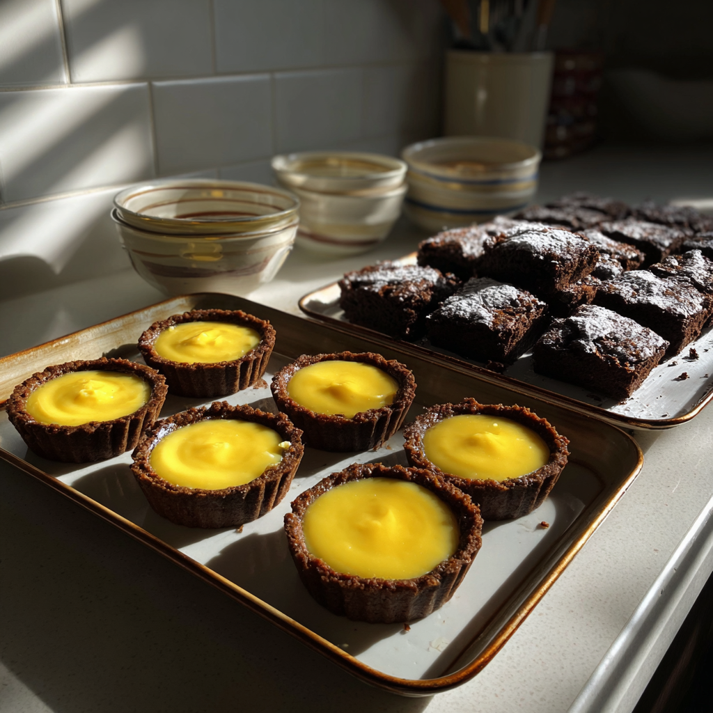 Des tartes au lemon curd et des brownies au chocolat sur un comptoir de cuisine | Source : Midjourney