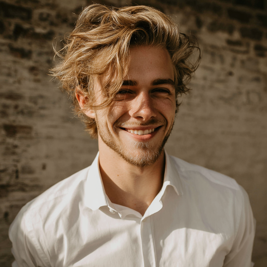 Un jeune homme souriant portant une chemise | Source : Midjourney