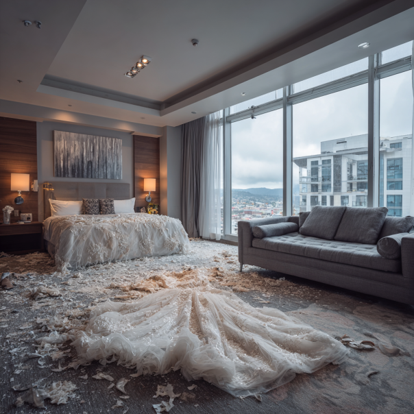 Une robe de mariée détruite dans une suite d'hôtel | Source : Midjourney