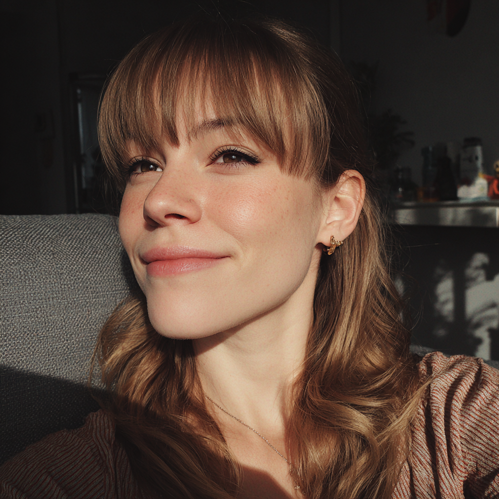 Une femme souriante assise sur un canapé | Source : Midjourney